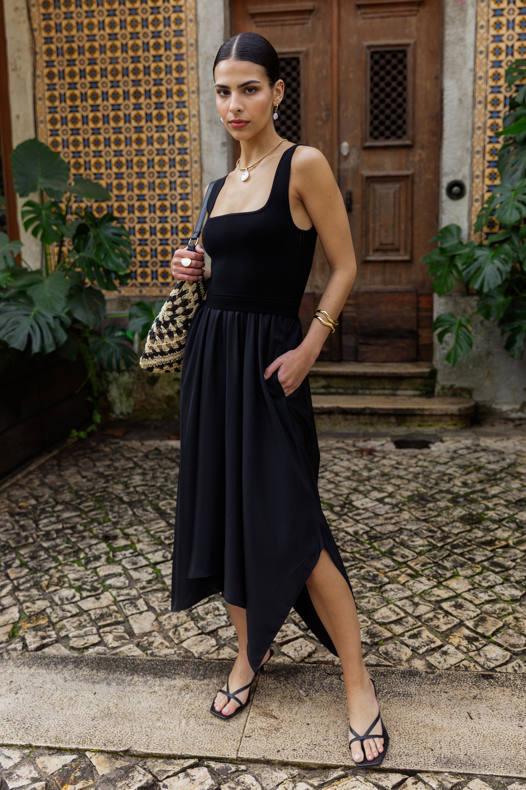 mixed media cocktail dress Donna Karan Women's Mixed Media Midi Hi Low Dress in Black, Size Large