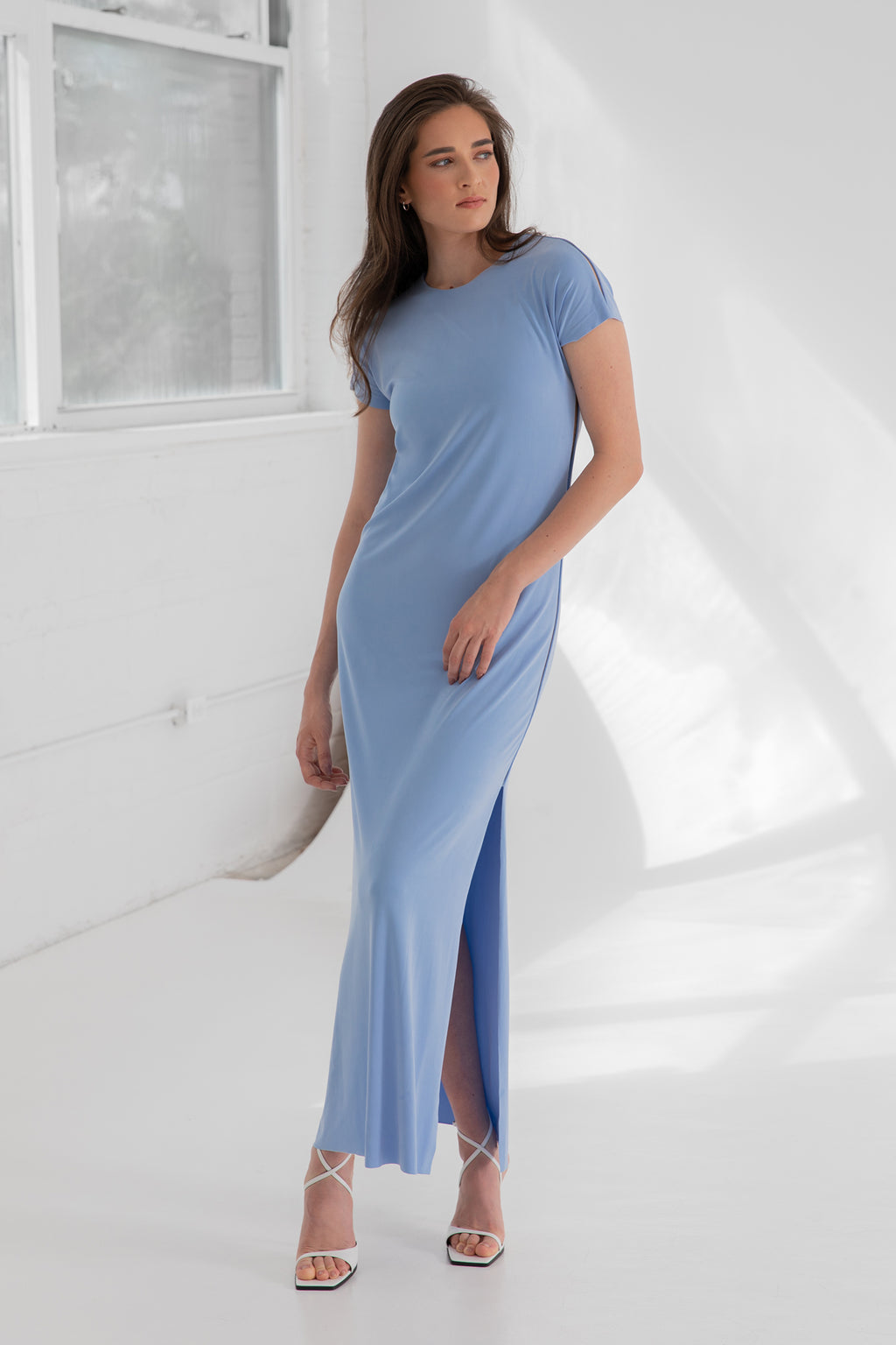 maxi dress length for 5 11 The Infinity Tee Maxi Dress In Sky Flow Cupro